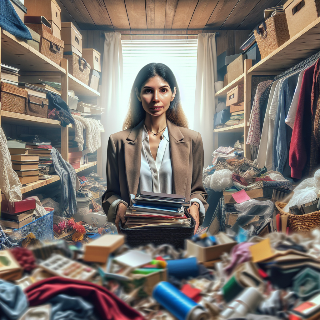 A professional organizer sorting through cluttered room filled with various objects, showing a calm and empathetic expression in a warmly lit environment.