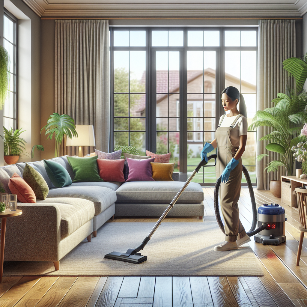 A clean living room in Eugene, Oregon, with a professional cleaner vacuuming the floor and natural light filling the space.