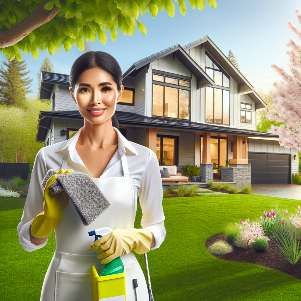 A tidy house in Eugene, Oregon with a professional cleaner holding cleaning supplies.