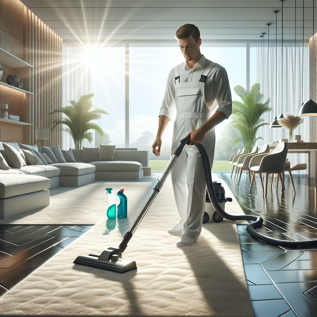 Professional house cleaner vacuuming a modern living room, highlighting the cleanliness and organization of the space.