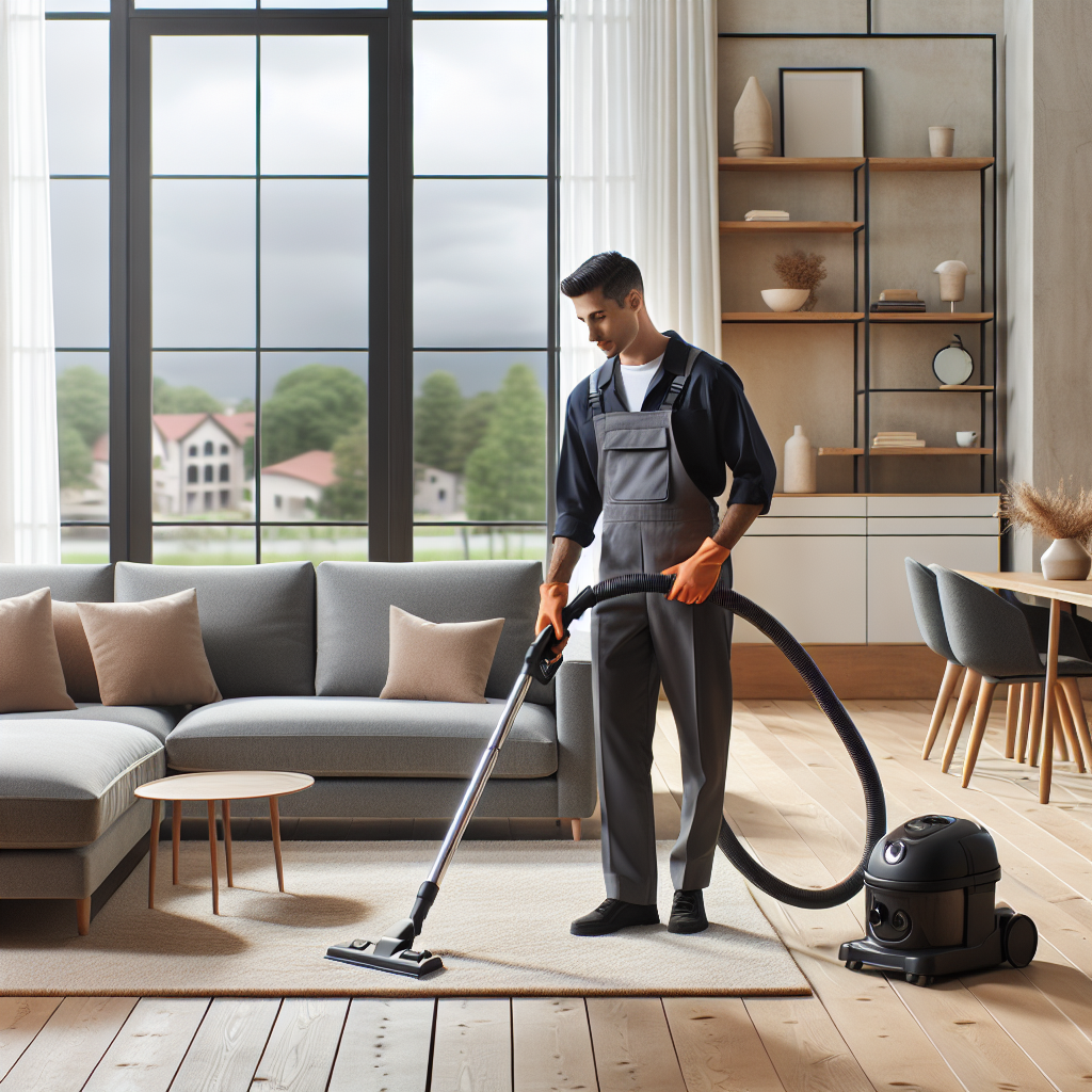 Living room being professionally cleaned with cleaner vacuuming a large rug.