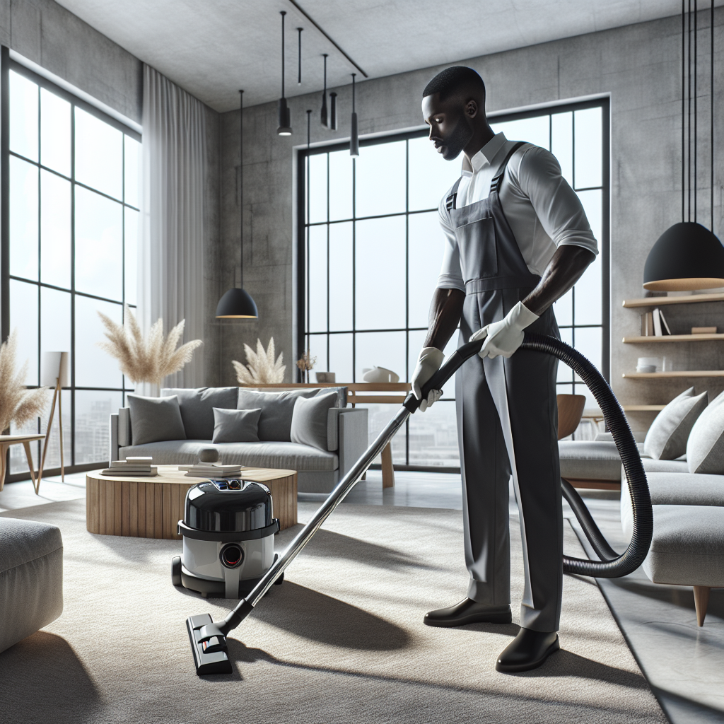 Professional cleaner vacuuming a modern, spacious and well-lit living room.