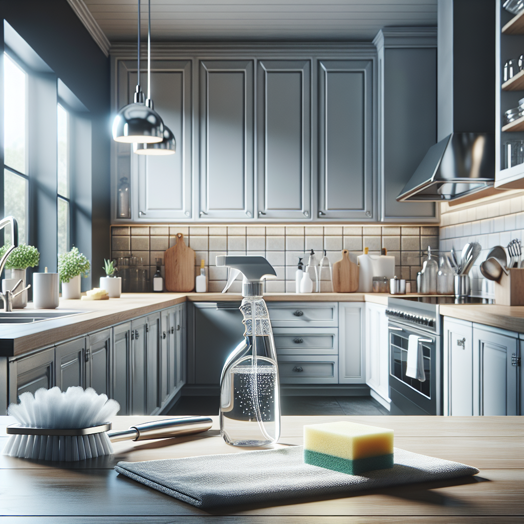 A realistic image of a clean kitchen with cleaning supplies on the counter, showcasing house cleaning costs.
