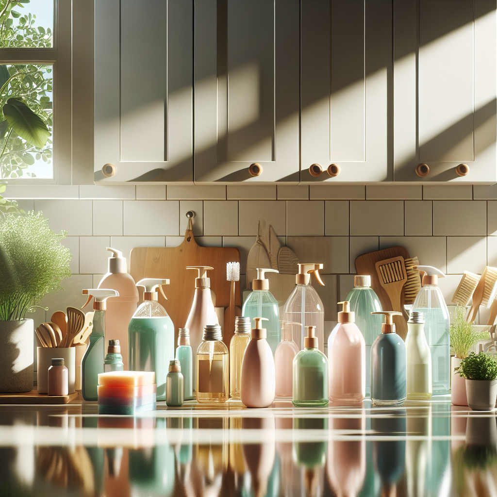 Eco-friendly cleaning products on a kitchen counter with natural light.