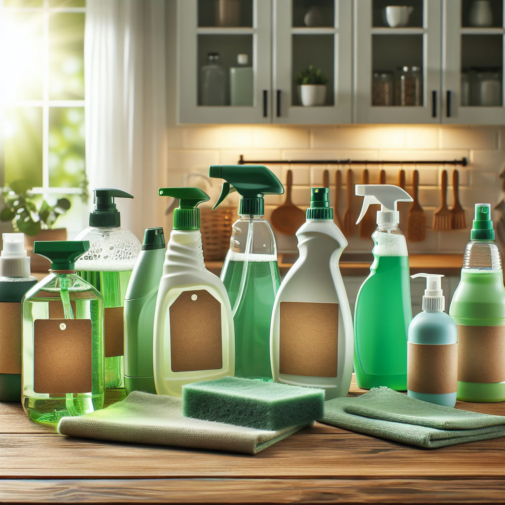 Eco-friendly cleaning products on a kitchen countertop in a bright, natural setting.