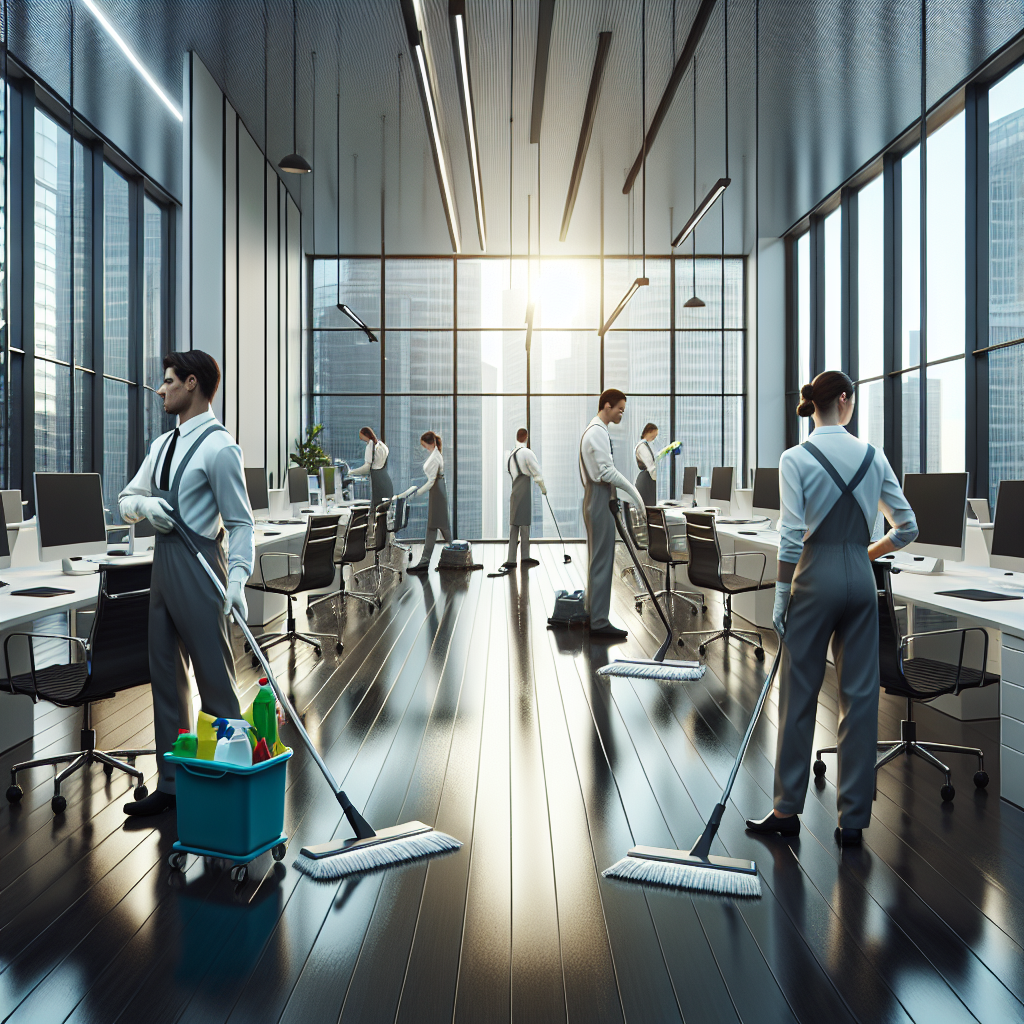 Professional cleaning team meticulously cleaning a modern office space.