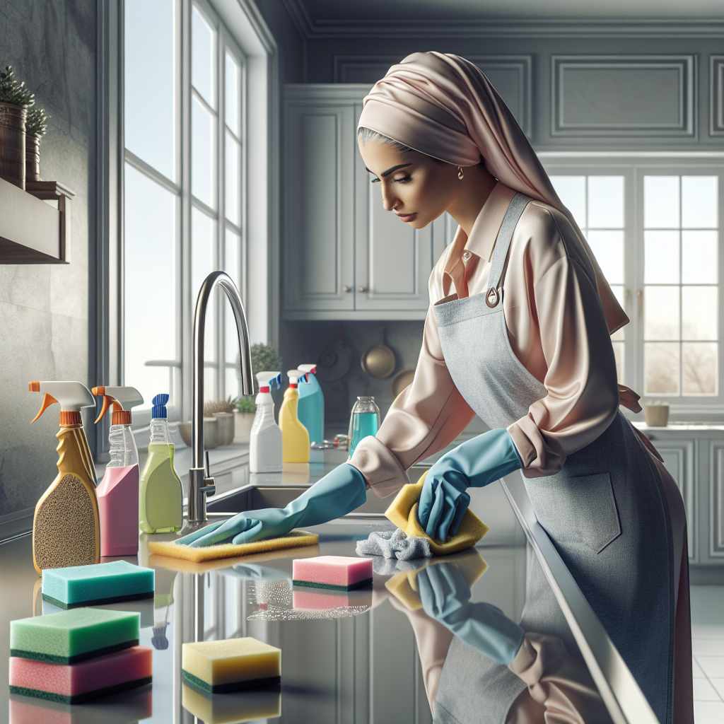 A person deep cleaning a modern kitchen with various cleaning supplies around.