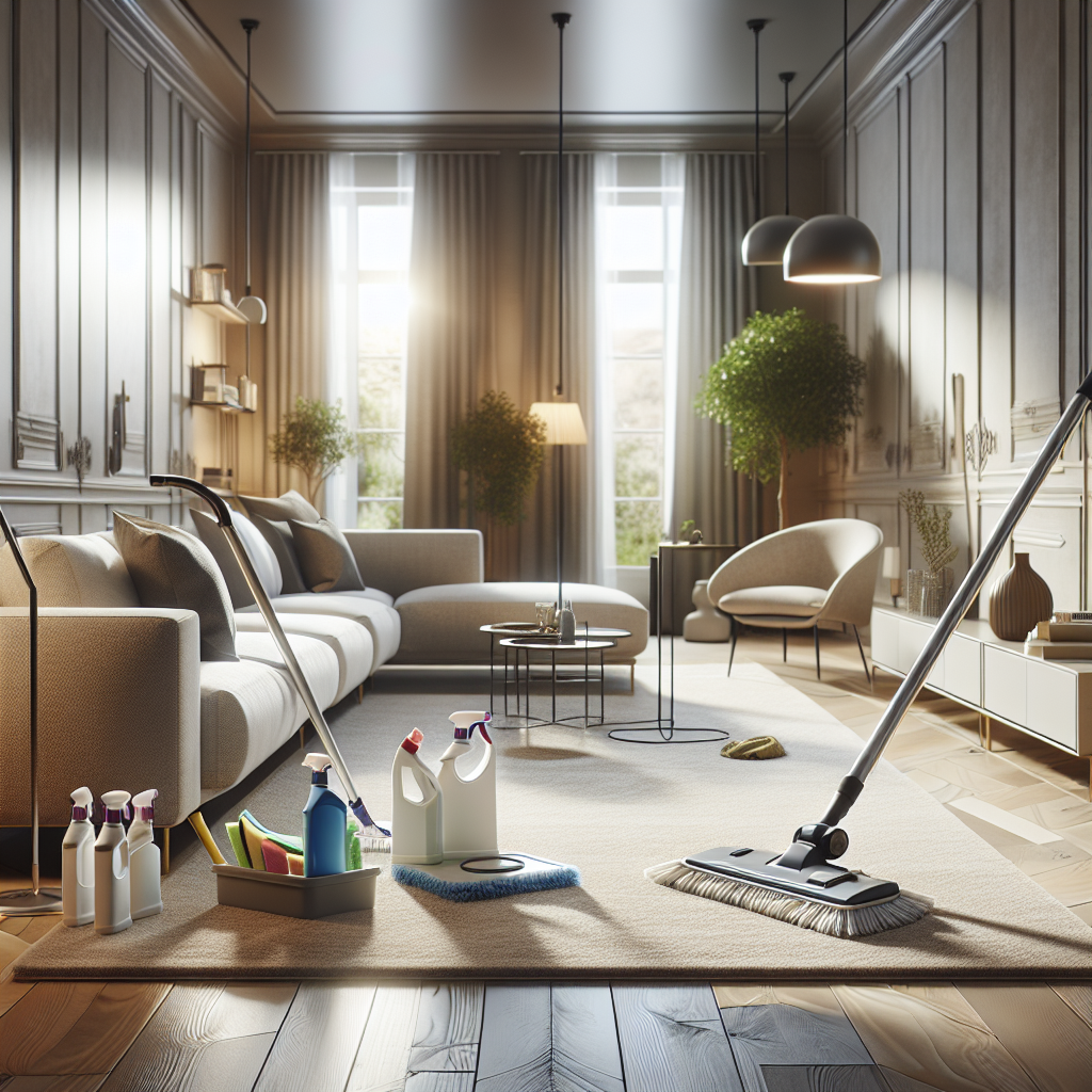 A living room being deep cleaned with eco-friendly products and cleaning equipment, emphasizing thorough cleaning.