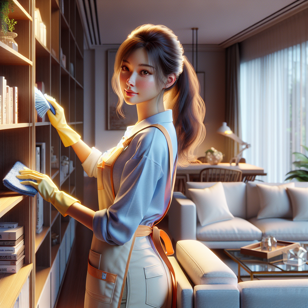 A professional house cleaner dusting a living room shelf in a well-lit, modern living room.