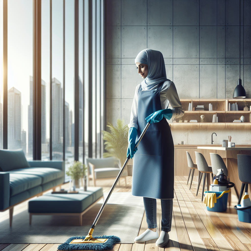 A professional cleaner in uniform working in a spotless and organized living room or office.