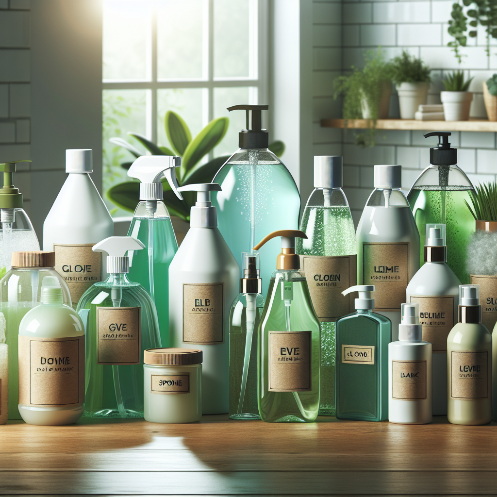 Eco-friendly cleaning products on a wooden table in a bright kitchen setting.