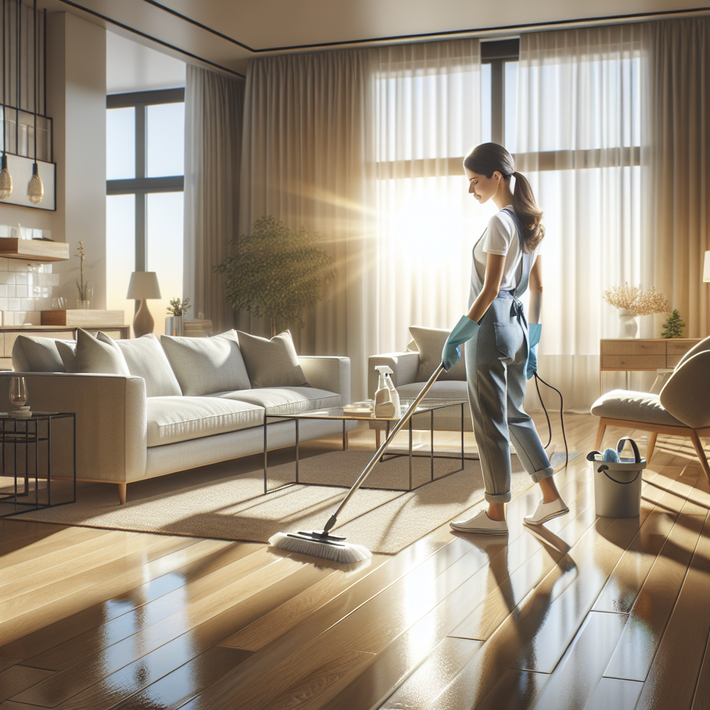 A professional cleaner in a cozy, sunlit living room, ensuring a spotless and organized space.
