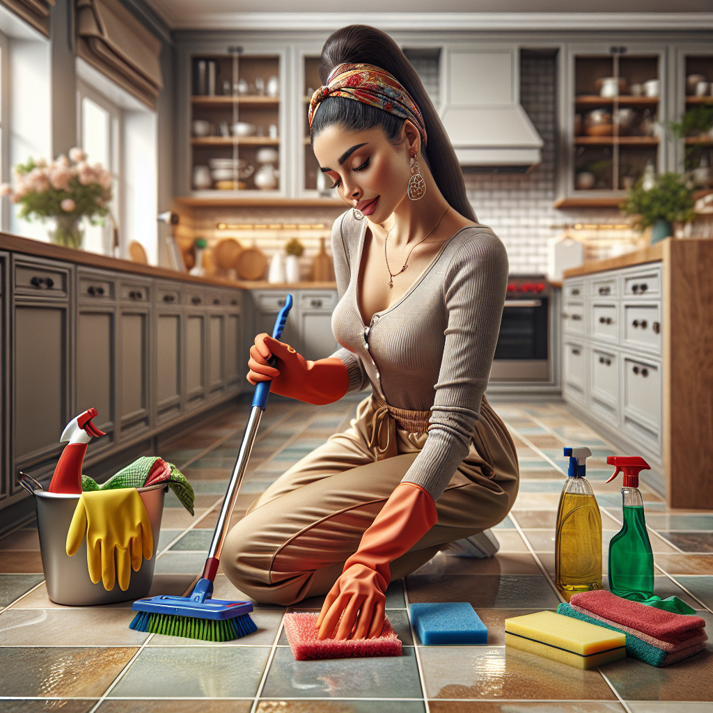 A person deep cleaning a modern kitchen with various cleaning tools.