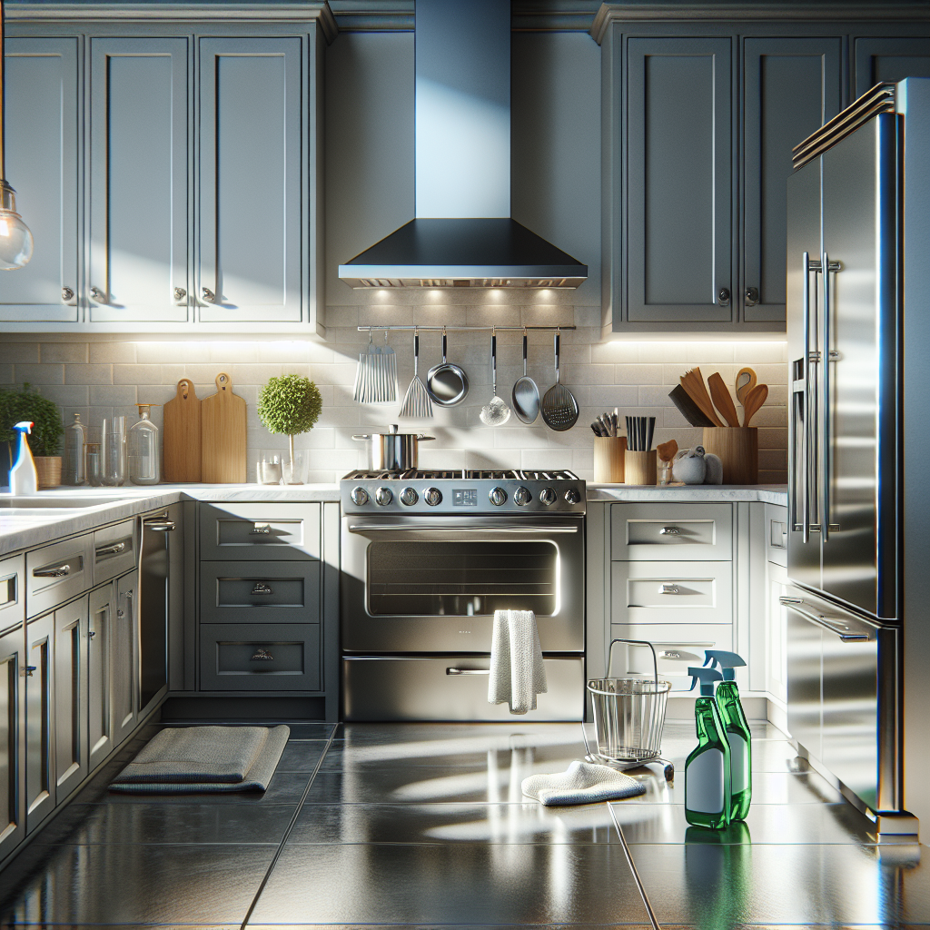 A spotless, hygienic kitchen with sparkling countertops and gleaming stainless steel appliances after a deep cleaning.