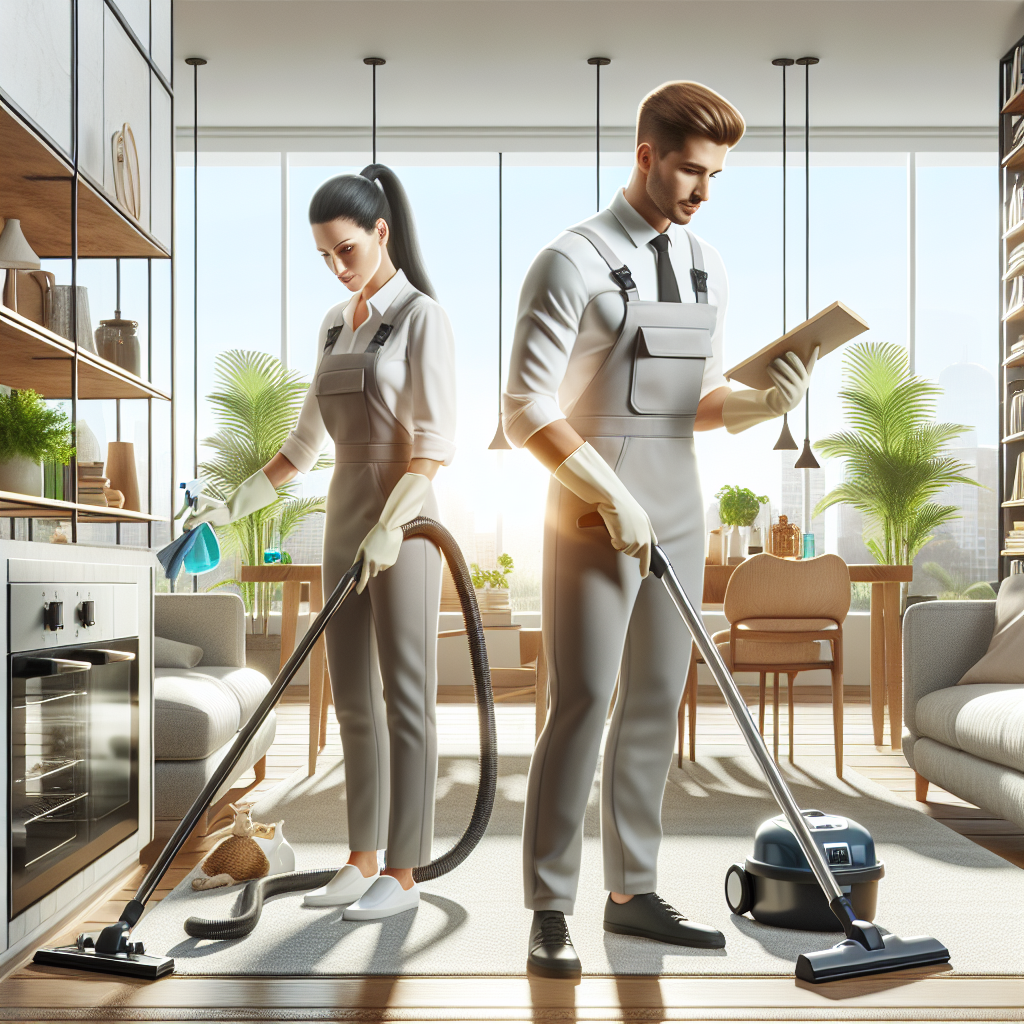 Professional house cleaners at work in a modern living room.