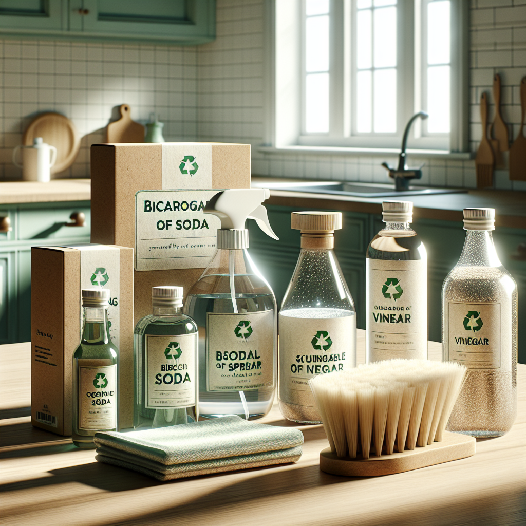 Eco-friendly cleaning products on a wooden kitchen counter in a bright, clean setting.