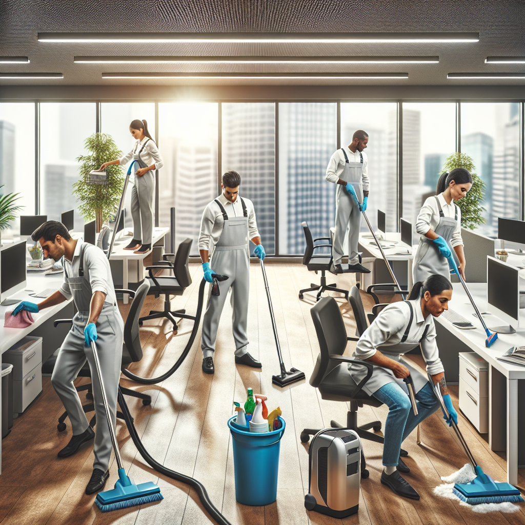 Professional cleaners working in a bright, modern office.