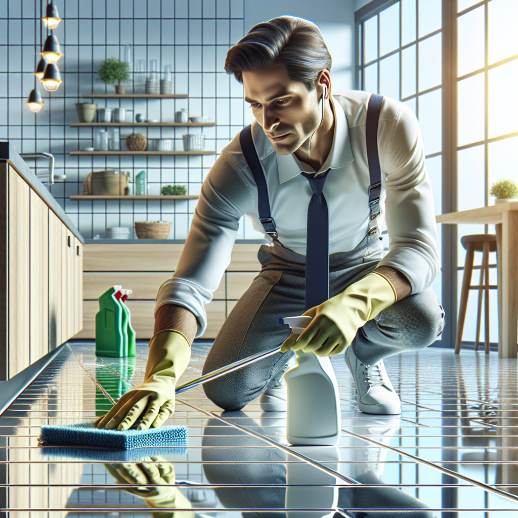 A professional cleaner meticulously scrubbing grout lines in a modern, well-lit home.