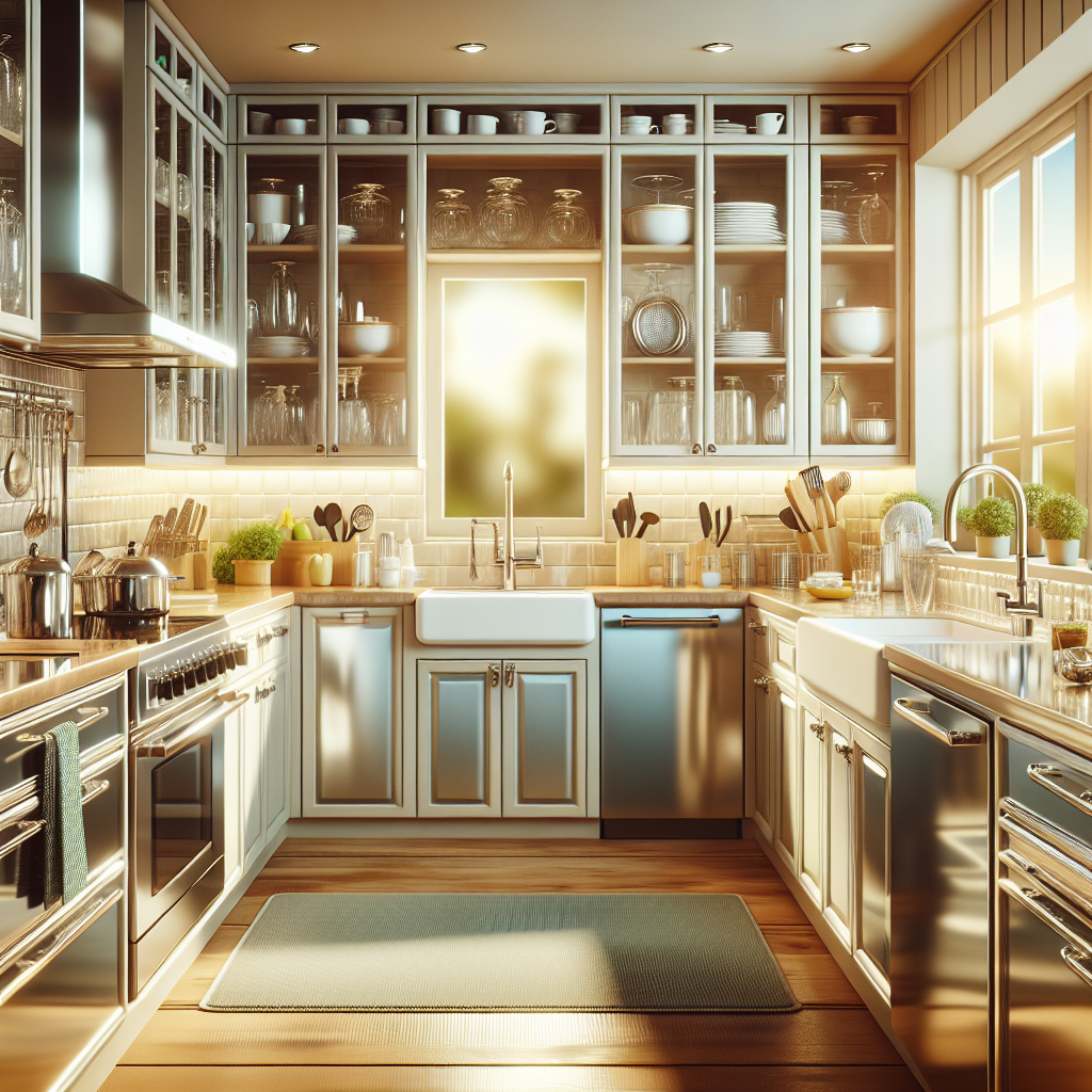 A sparkling clean kitchen with gleaming countertops, polished appliances, and sanitized surfaces reflecting natural daylight.