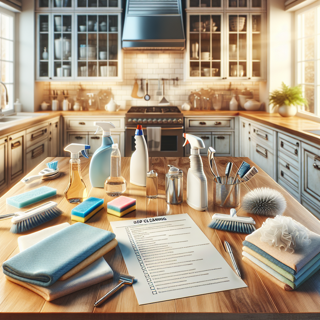 A pristine kitchen with a deep cleaning checklist and cleaning supplies on the countertop.