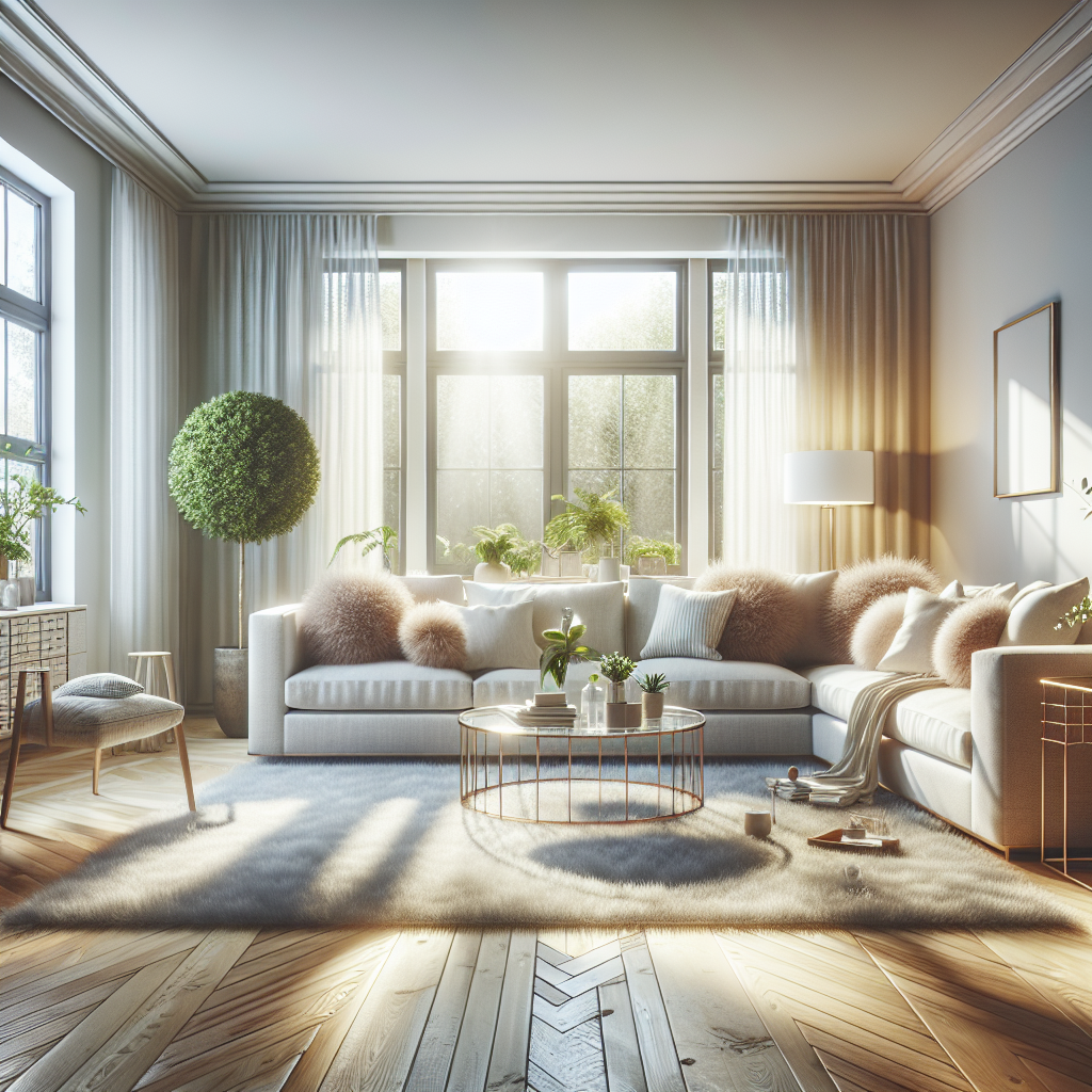 A clean, organized living room with sunlight streaming in, showcasing the results of residential cleaning services.