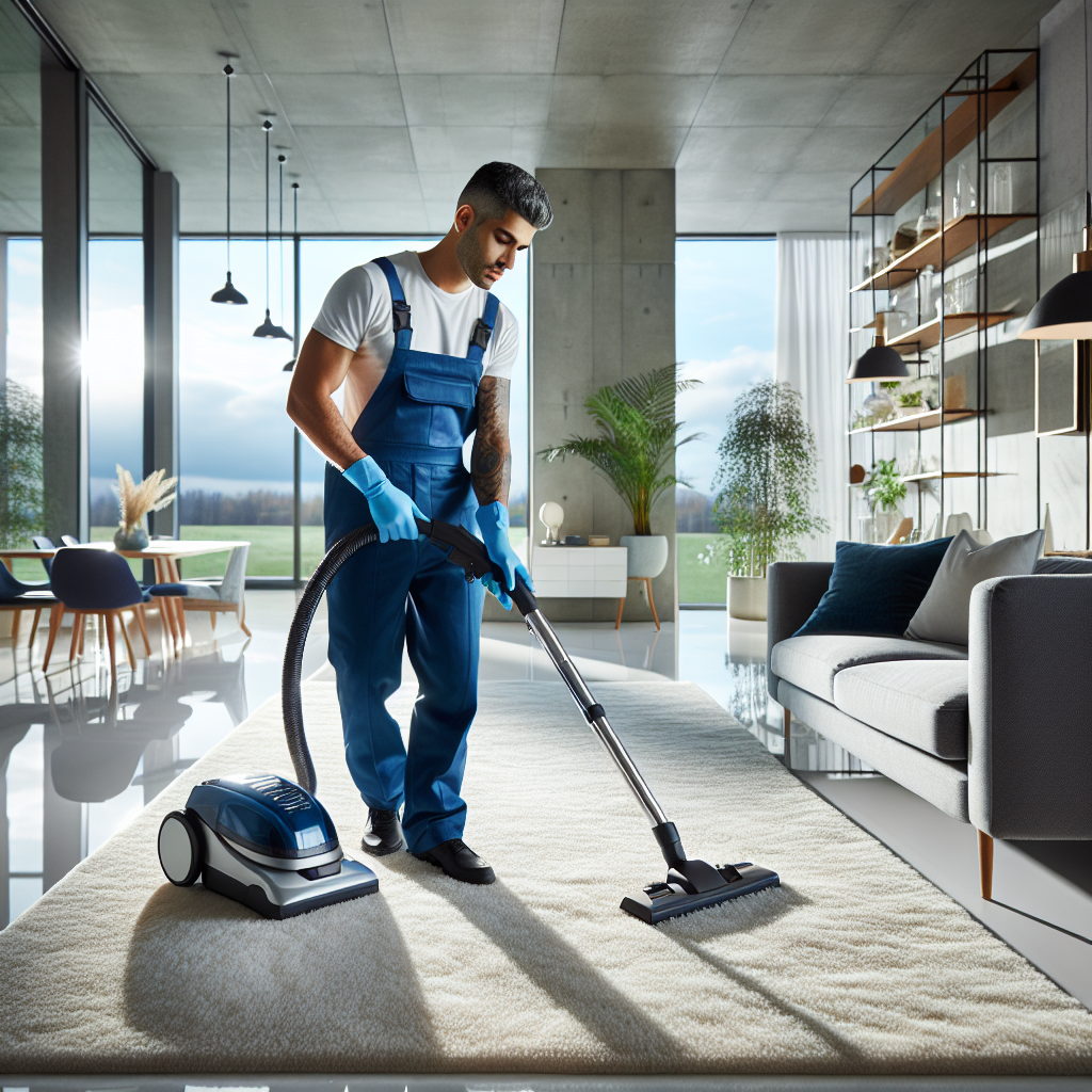 A professional cleaner in a modern, spotless living room vacuuming the carpet.