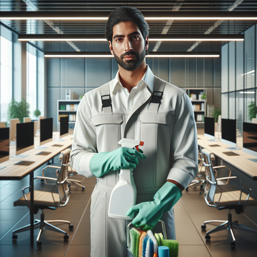A professional cleaner using eco-friendly supplies in a modern, clean office environment.