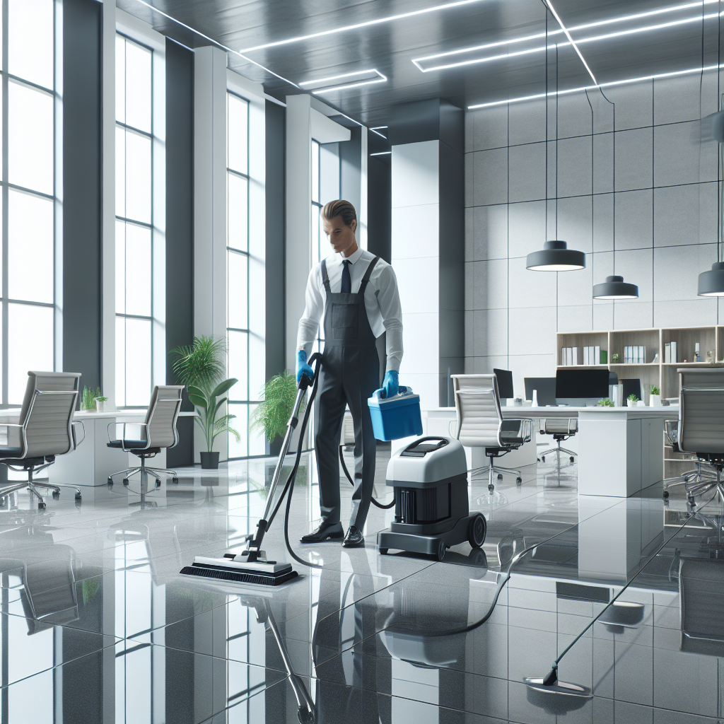 A professional cleaner working in a modern, tidy office space.