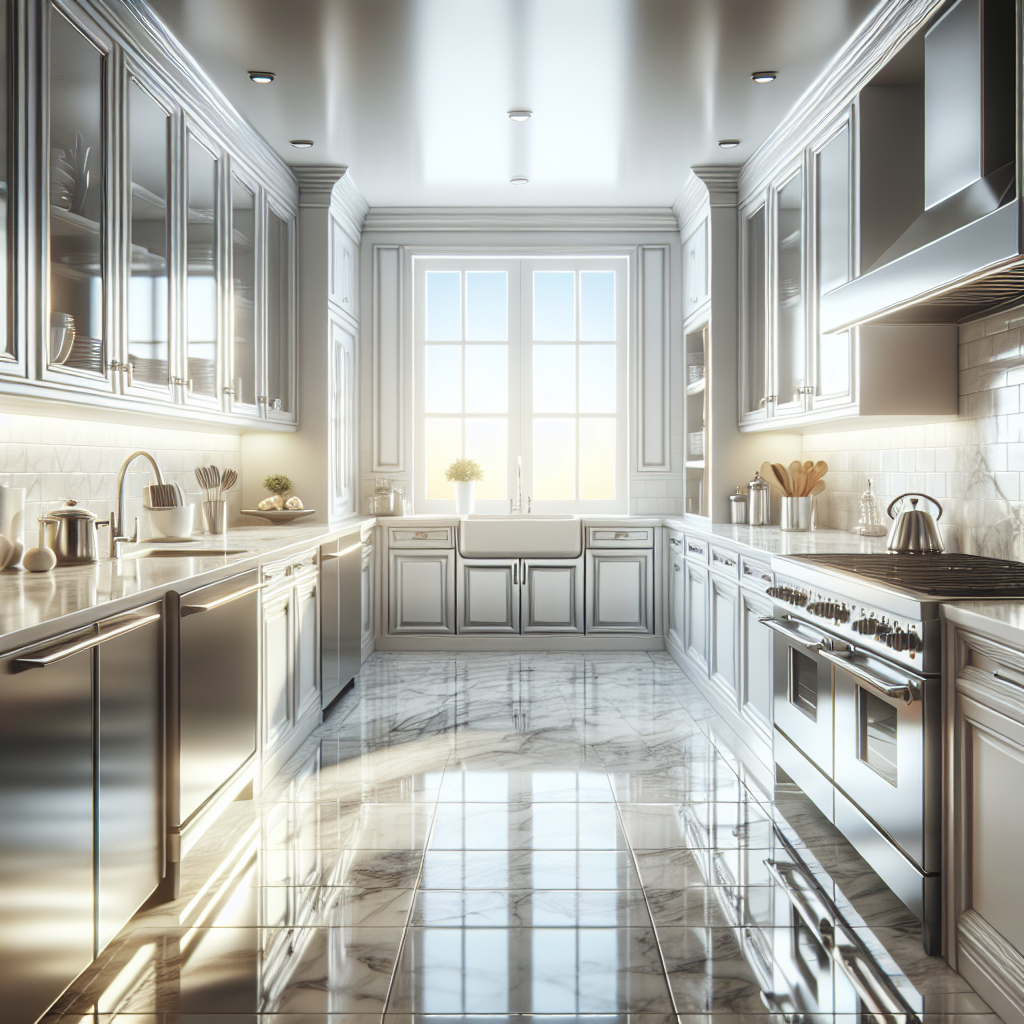 A pristine and meticulously clean kitchen with modern appliances and sparkling surfaces.