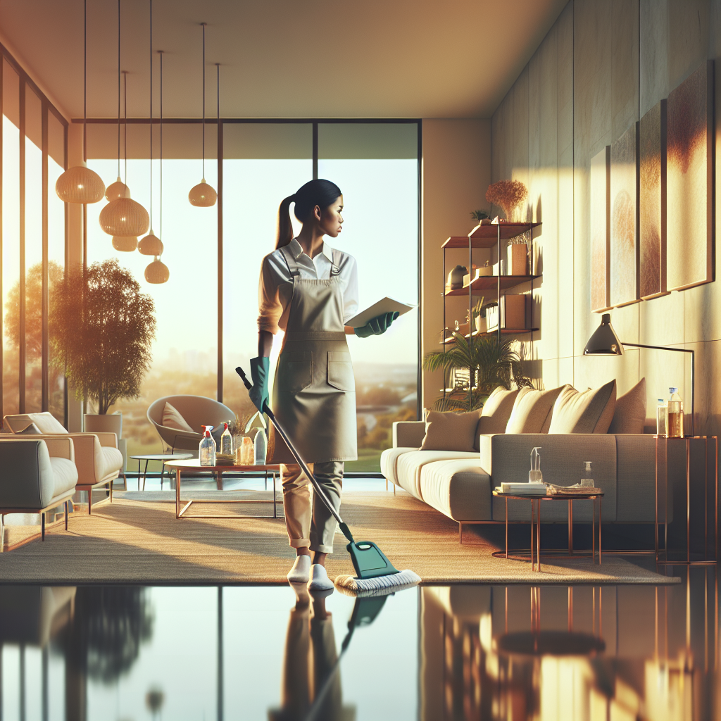 A professional cleaner working in a modern, tidy living room filled with natural light.