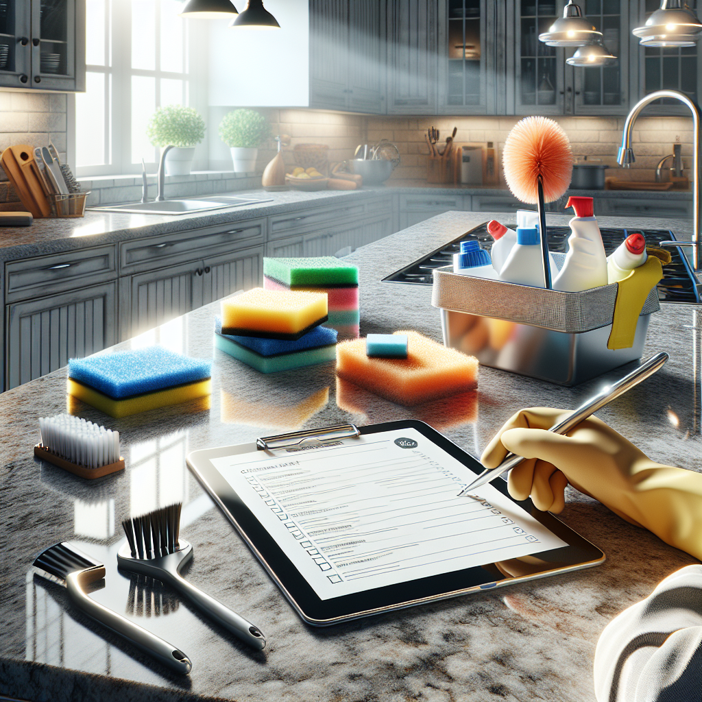 Realistic image of cleaning supplies and a checklist on a clean kitchen countertop.
