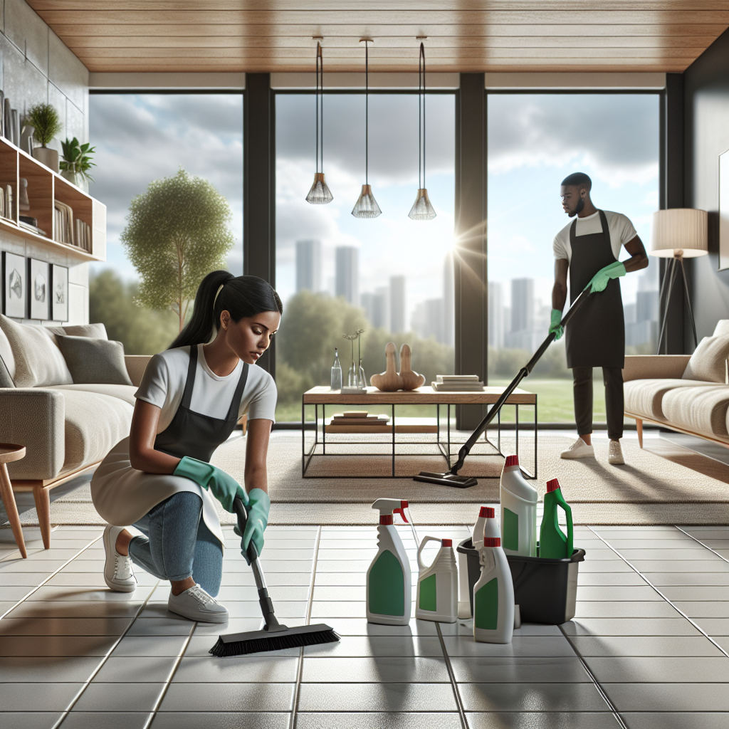 Professional cleaners deep cleaning a modern living room, focusing on grout lines and under heavy furniture.