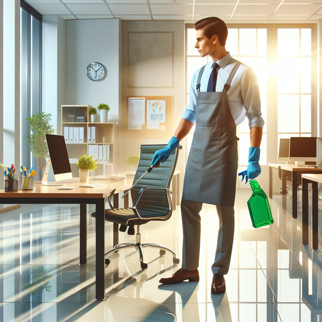 A professional cleaner meticulously cleaning an organized office space using eco-friendly products.