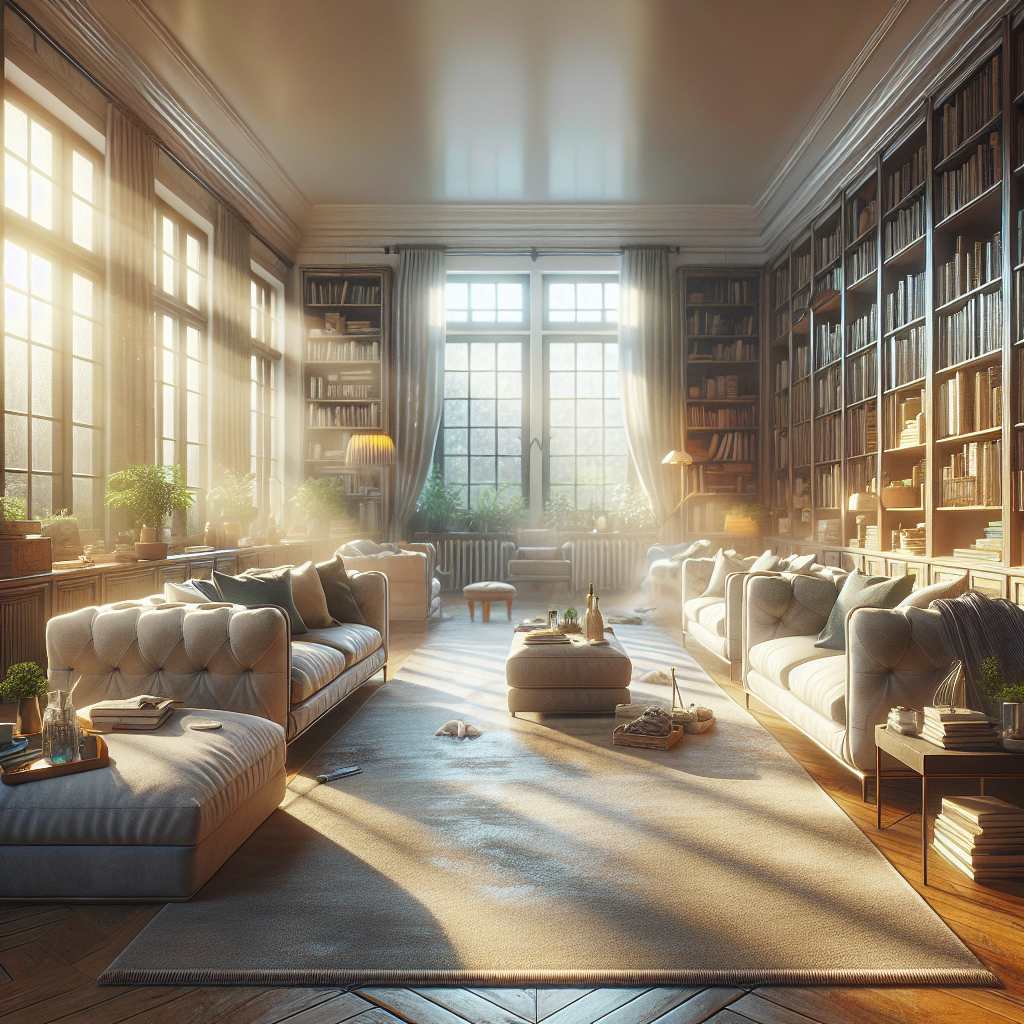 A pristine, well-lit living room with shining floors and dust-free furniture, demonstrating deep cleaning.