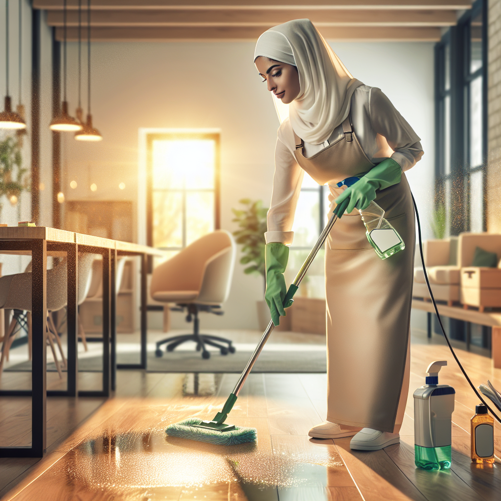 A professional cleaner meticulously cleaning a modern office or organized home with eco-friendly products.
