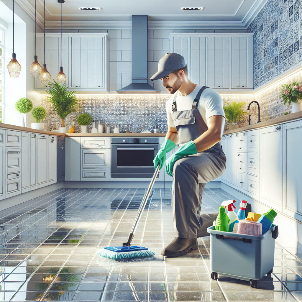 A professional cleaner scrubbing grout in a modern home, demonstrating deep cleaning services.