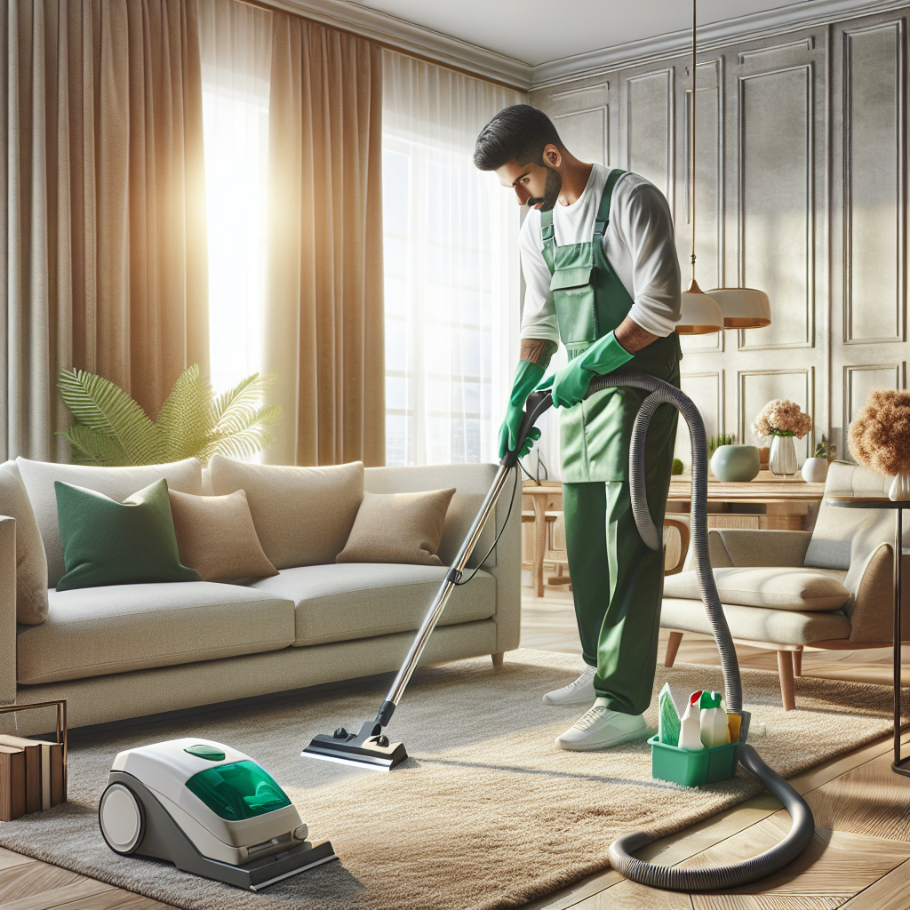 A professional cleaner deep cleaning a living room, showcasing advanced cleaning techniques.
