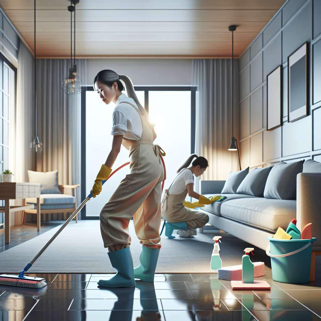 A professional cleaner deep cleaning a modern living room, focusing on hidden areas and using eco-friendly products.