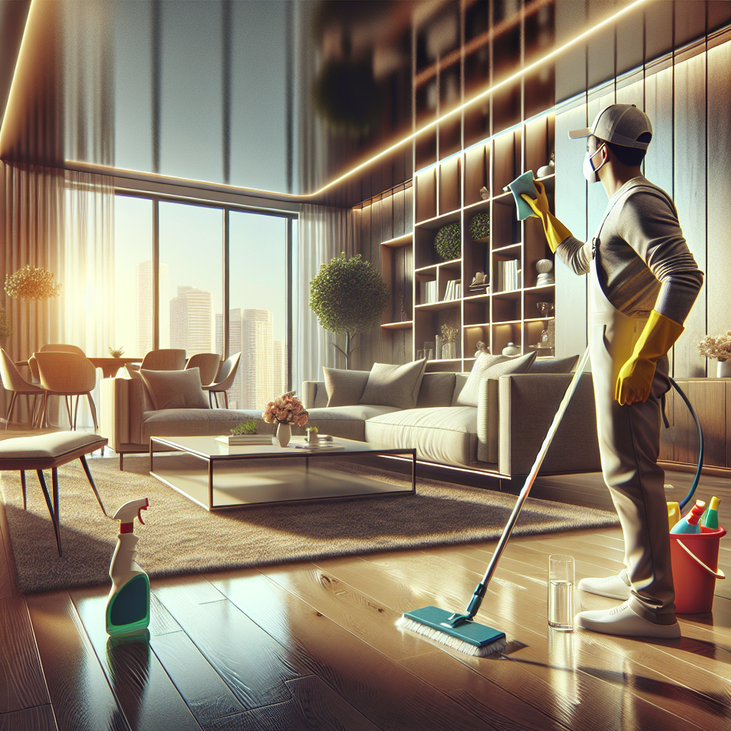 A living room being deep cleaned with eco-friendly products, emphasizing cleanliness and organization.