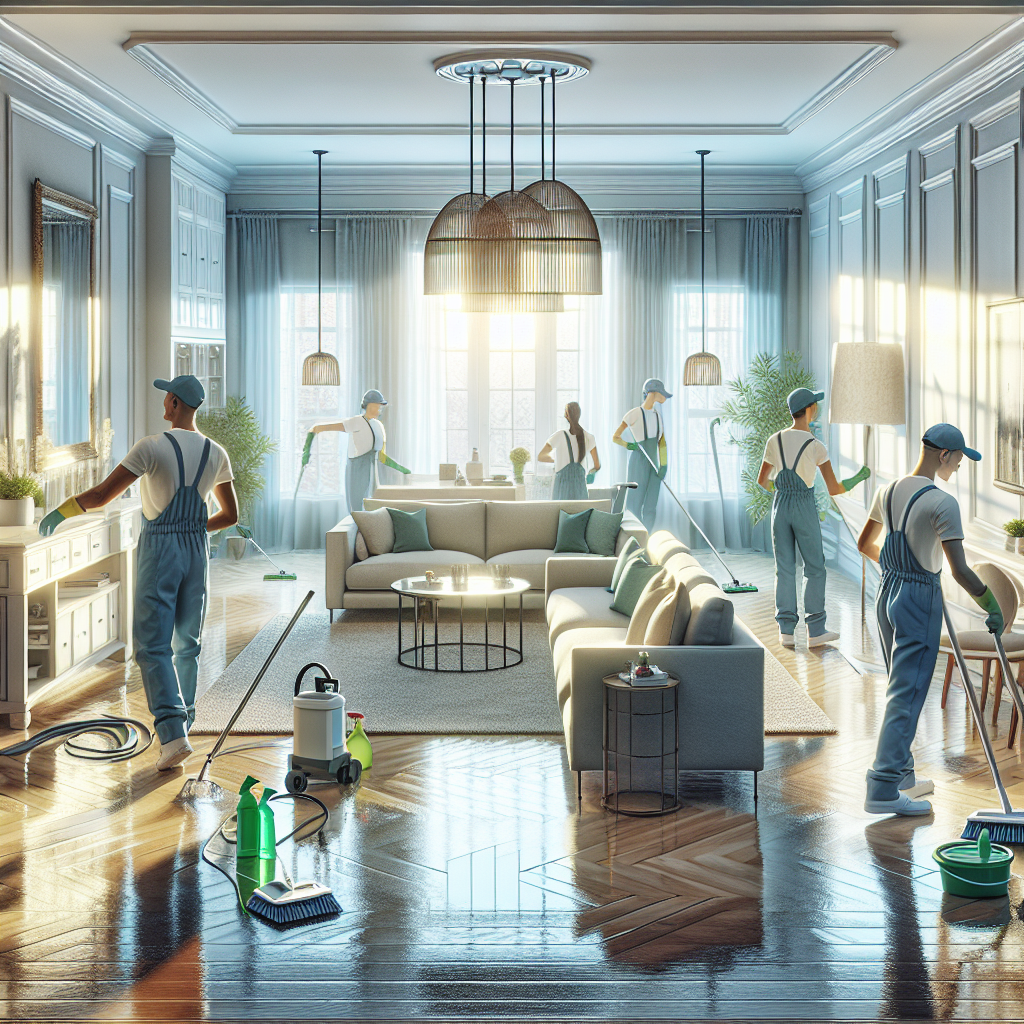 Professional cleaners deep cleaning an organized living room with eco-friendly products and advanced equipment.