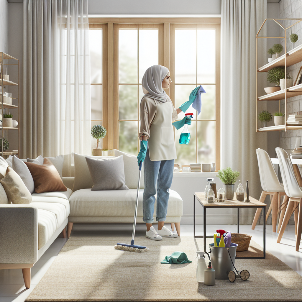 A person deep cleaning a spotless, well-organized living room with bright sunlight streaming in.