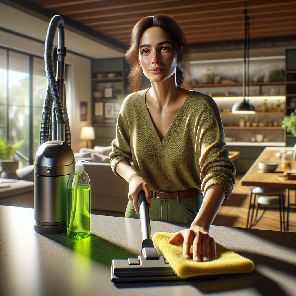 A realistic kitchen scene with a woman cleaning, showcasing house cleaning hacks in practice.