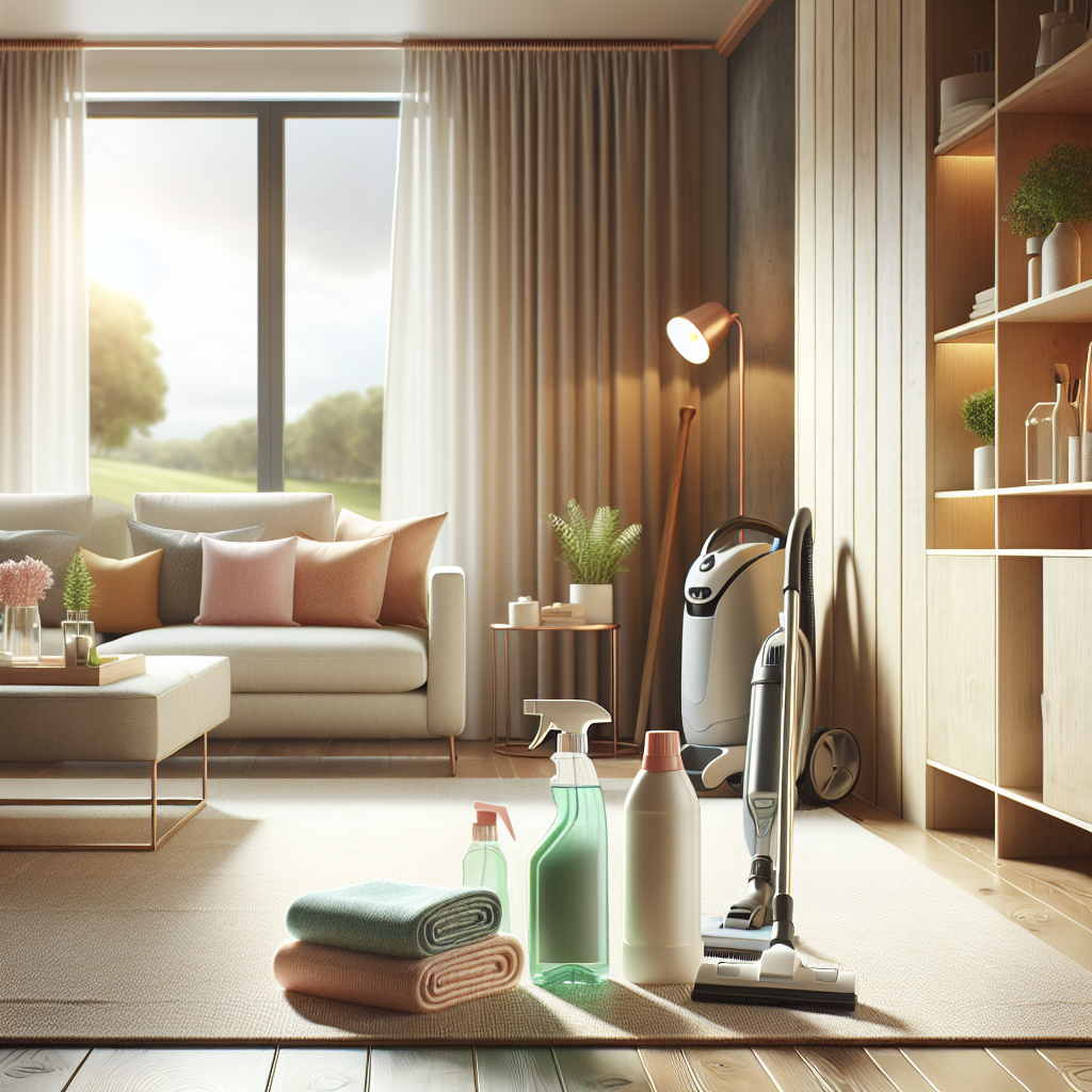 A clean and organized living room with eco-friendly cleaning tools, natural lighting, and a modern design.