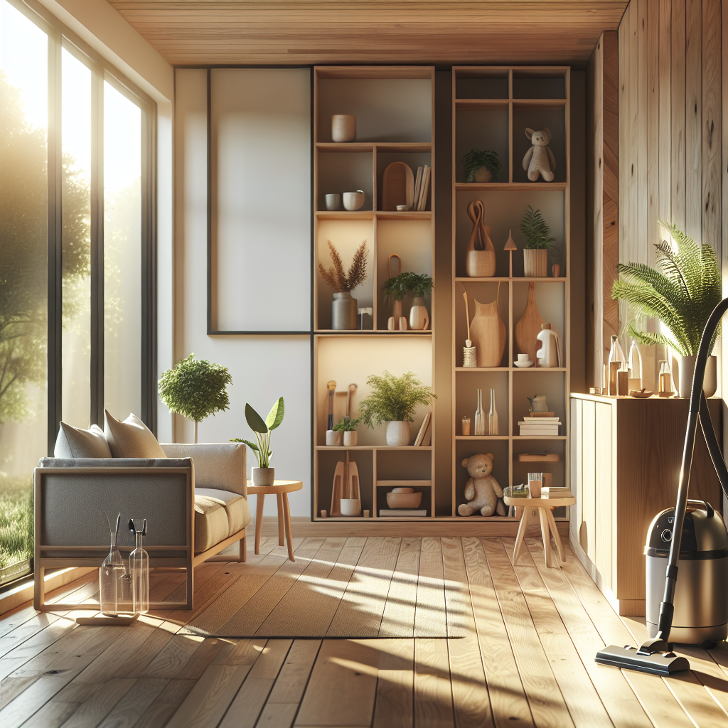 A realistic image of a minimalist, eco-friendly living room with natural light, wooden furniture, and cleaning tools neatly arranged.