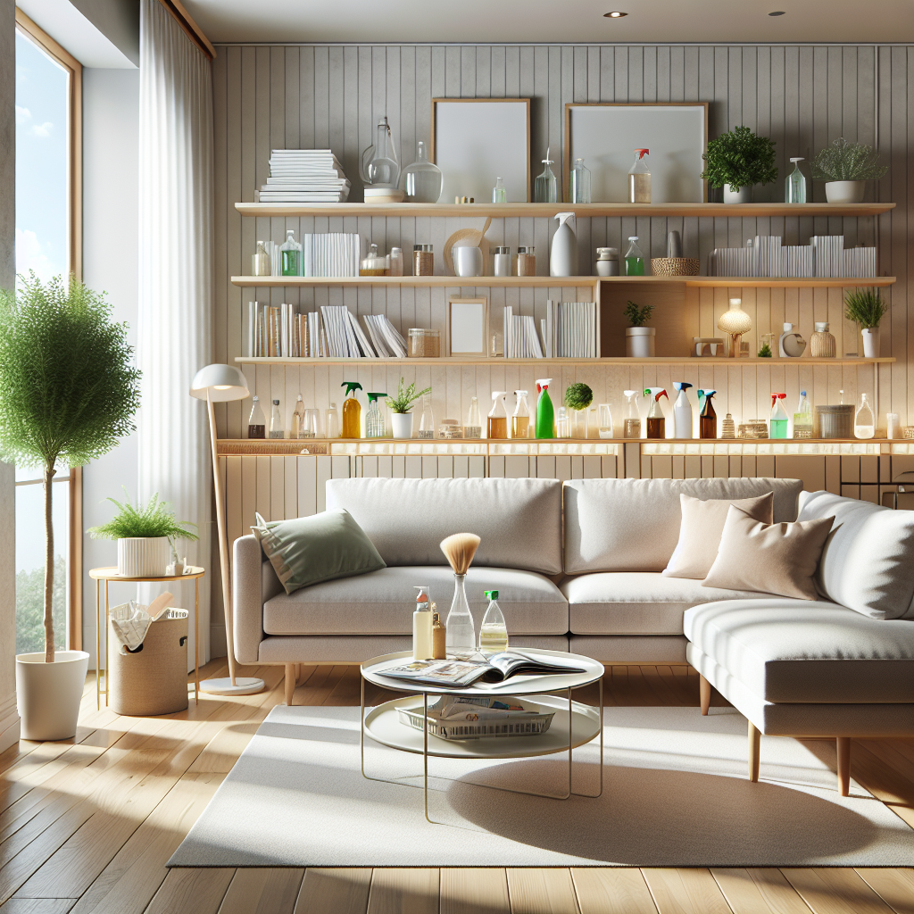 A clean and tidy living room with natural light, organized furniture, and eco-friendly cleaning supplies.