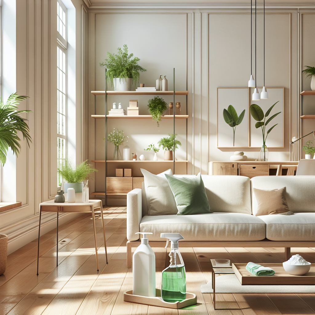 A modern, clean living room with natural light, plants, minimalistic furniture, and eco-friendly cleaning supplies.