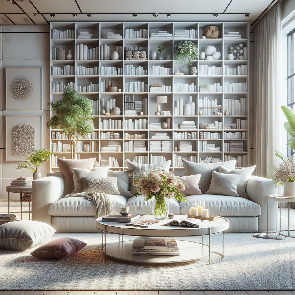 A clean and organized modern living room with cozy sofa, coffee table, vase of flowers, and large windows.