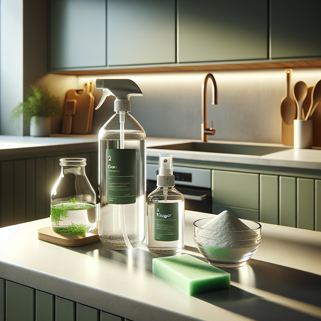 A clean, organized modern kitchen countertop with eco-friendly cleaning supplies.