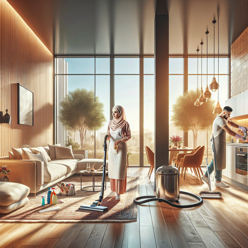 A modern living room being cleaned, showcasing basic cleaning on one side and deep cleaning on the other.