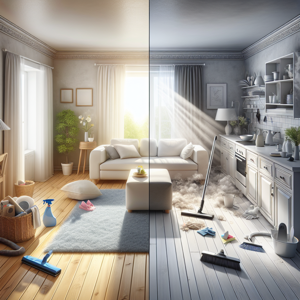 Comparison of a living room with basic cleaning on one side and deep cleaning on the other.